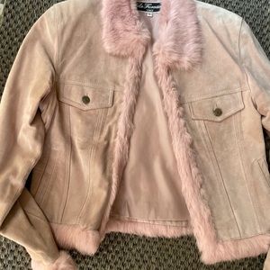Fur trimmed light pink suede jacket. Lightly worn
